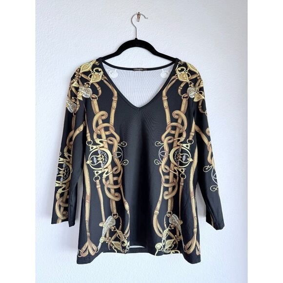 J.Mclaughlin Catalina Cloth Black & Gold Equestrian Print 3/4 Sleeve V-Neck Top - Picture 2 of 10